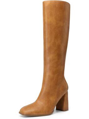 Women's Yellow PU Square Toe Gogo Chunky Heel Knee High Boots  Side Zipper